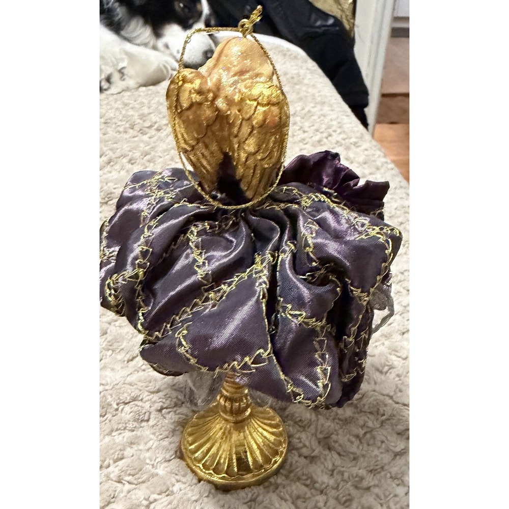 Angel Christmas Ornament Purple Fabric Dress Gold Stand & Star - Picture 2 of 4